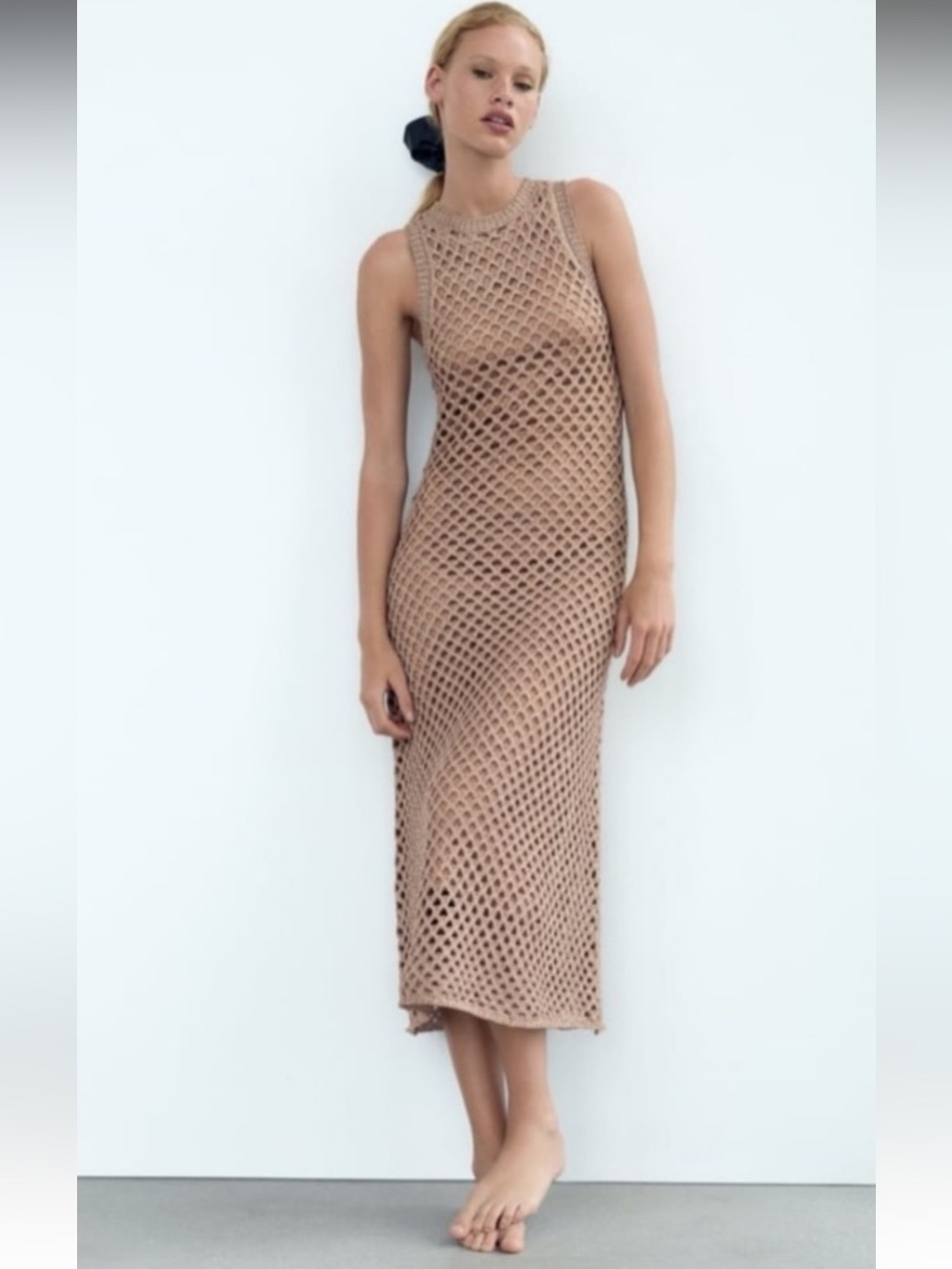 Zara Open Knit Gold Metallic Thread Maxi Dress Size Small